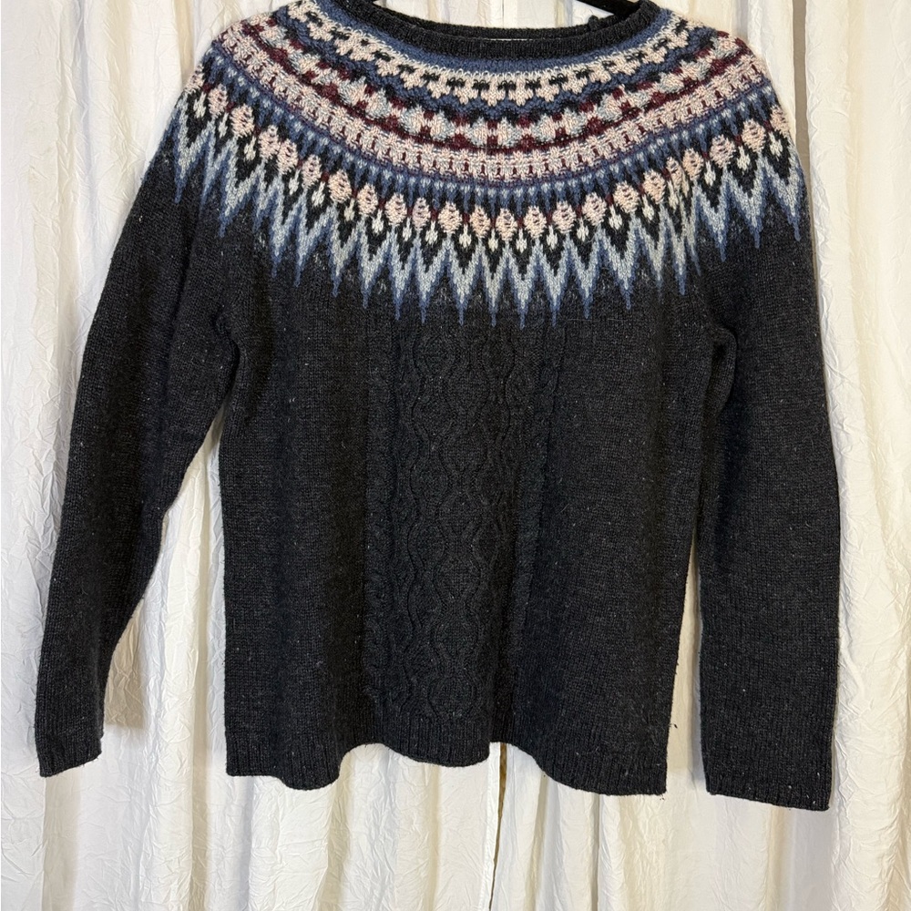 J Jill Nordic color work Crew Neck Sweater - Charcoal and Multicolor small